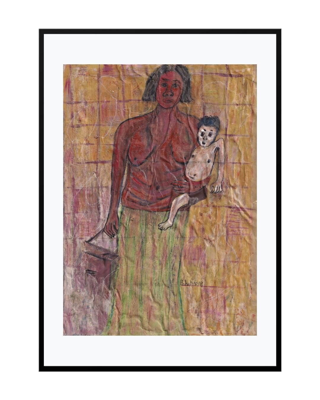 Expressionist painting titled "The Lonely Woman," portraying a female and her kid in a moment of quiet isolation
